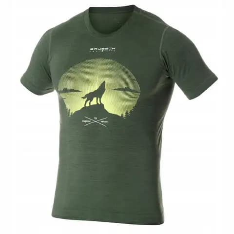 Koszulka męska BRUBECK T-Shirt merino ciemnozielony Wilk 2 rozmiar XXL