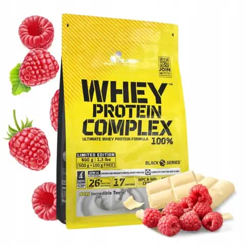 BIAŁKO WHEY wpc Olimp 100% protein 600g smak - biała czekolada z maliną