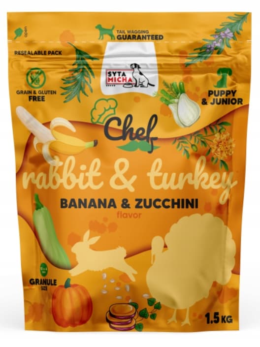 Syta Micha sucha karma dla szczeniąt królik i indyk, banan i cukinia 1,5kg