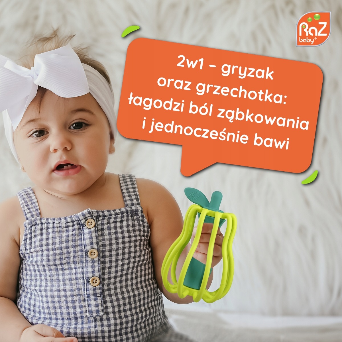 Gryzak silikonowy na ząbkowanie dla niemowląt z grzechotką RazBaby gruszka - zdjęcie 3